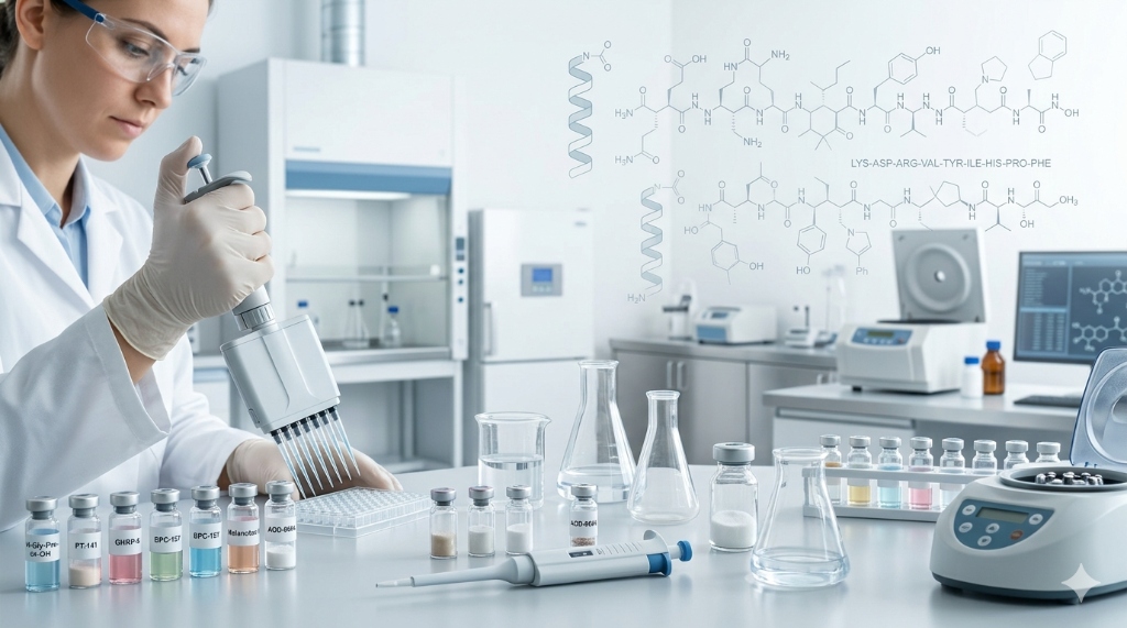 Scientist conducting advanced peptide research in a modern laboratory