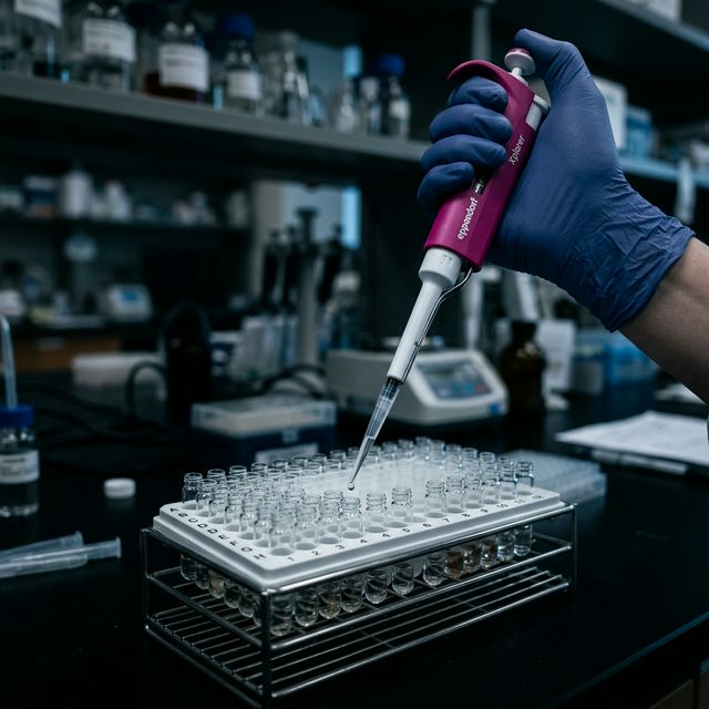 Laboratory pipette dispensing into microplate vials for peptide research